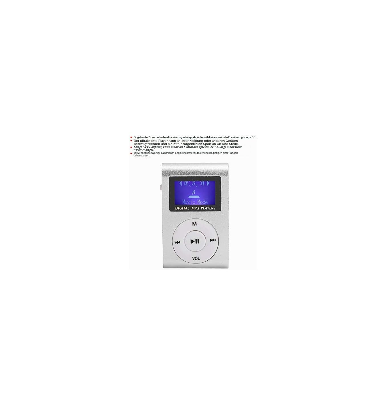 Ein silberner digitaler MP3-Player mit Display und kreisrunden Bedientasten, umgeben von deutschem Text.