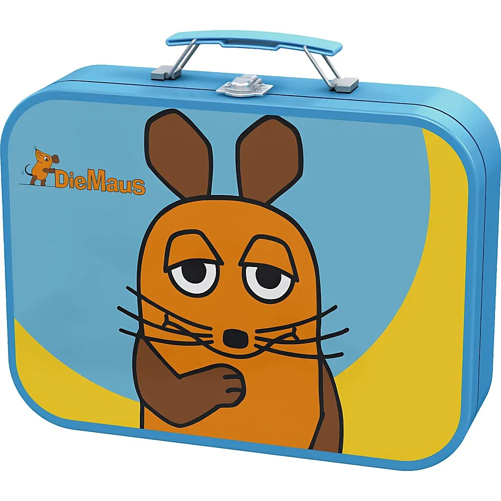 Blaue Metallbrotdose mit dem orangefarbenen Elefanten Die Maus und der Aufschrift DieMaus.