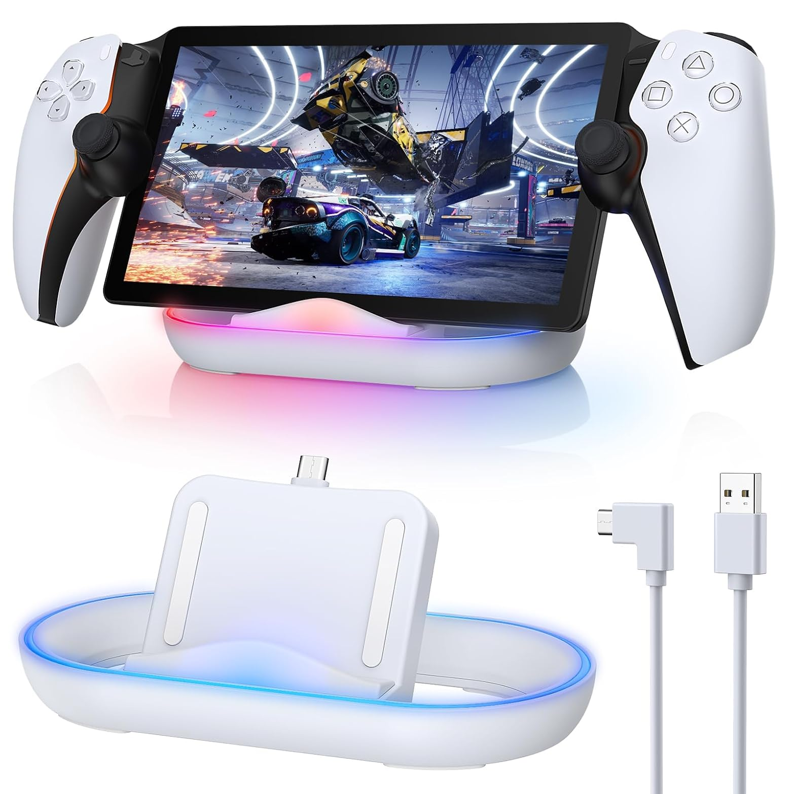 Weißer Gaming-Handheld in Ladeschale mit RGB-Beleuchtung und Kabeln.