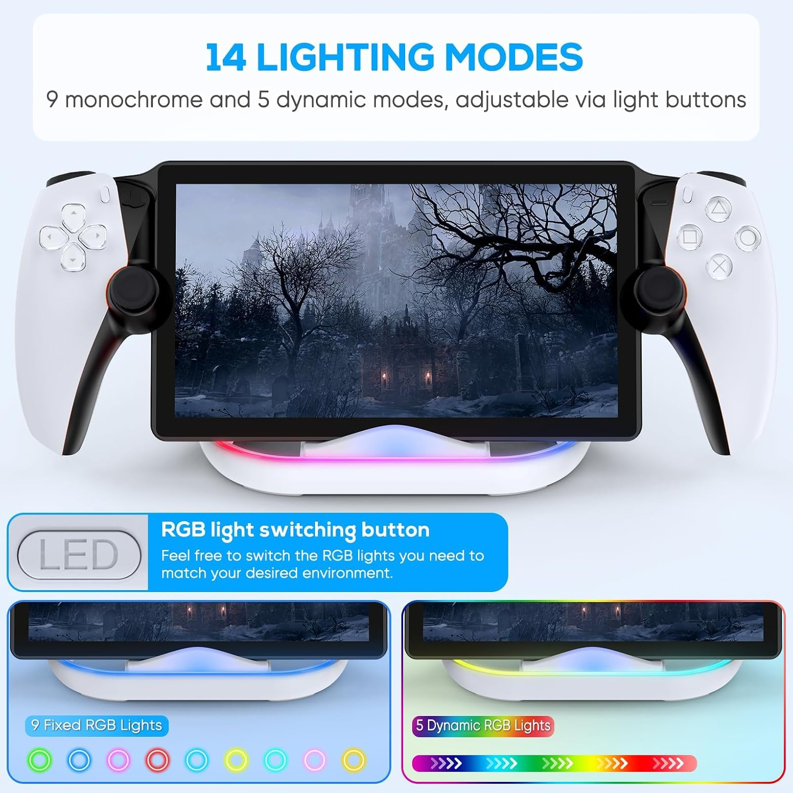 Ein weißer Spielecontroller mit 14 RGB-Beleuchtungsmodi auf einer Basis.
