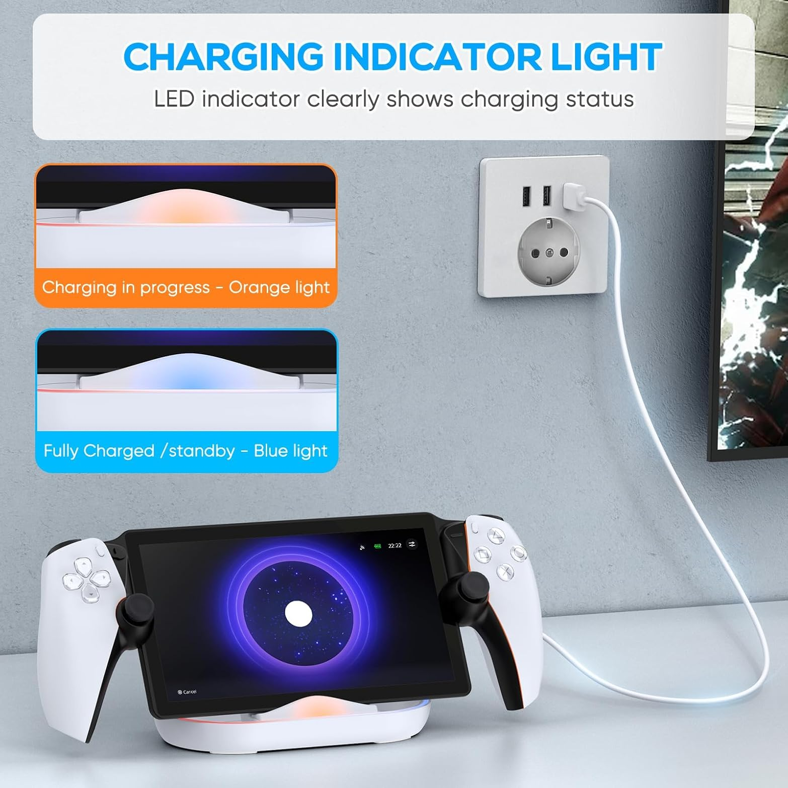 Eine Handheld-Konsole auf Ladestation mit orange- und blauen LED-Anzeigen für den Ladezustand.