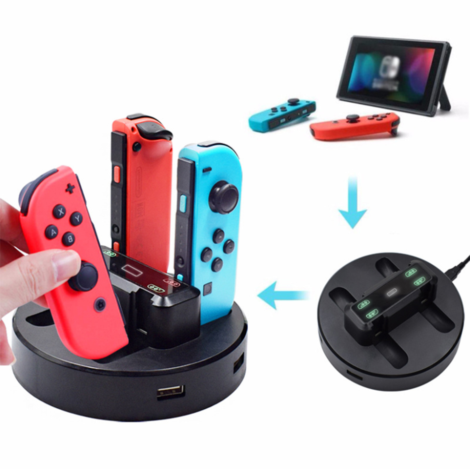 Eine Hand setzt rote und blaue Joy-Con-Controller in eine runde Ladestation.