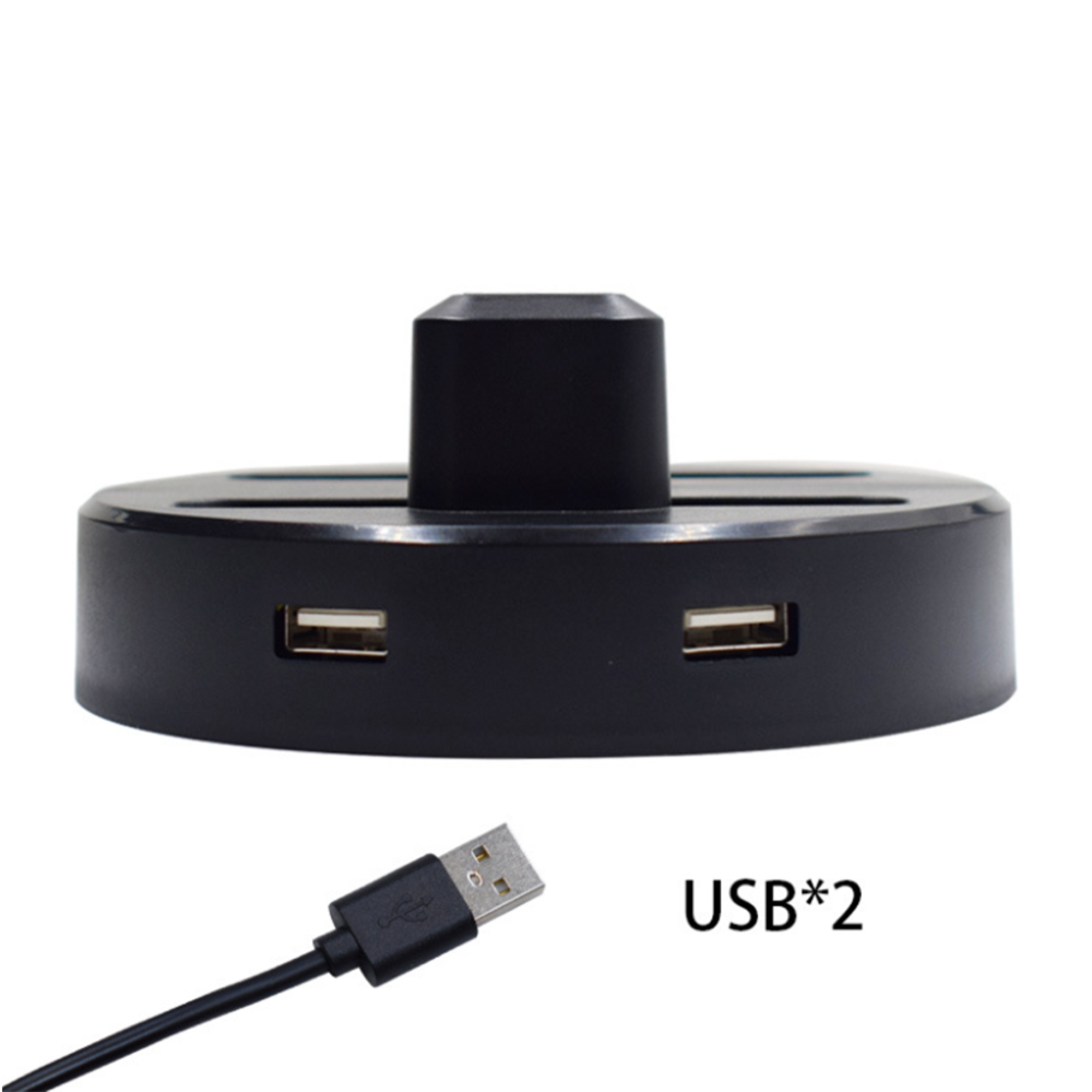 Schwarzes Hub mit zwei USB-Anschlüssen und einem USB-Kabel.