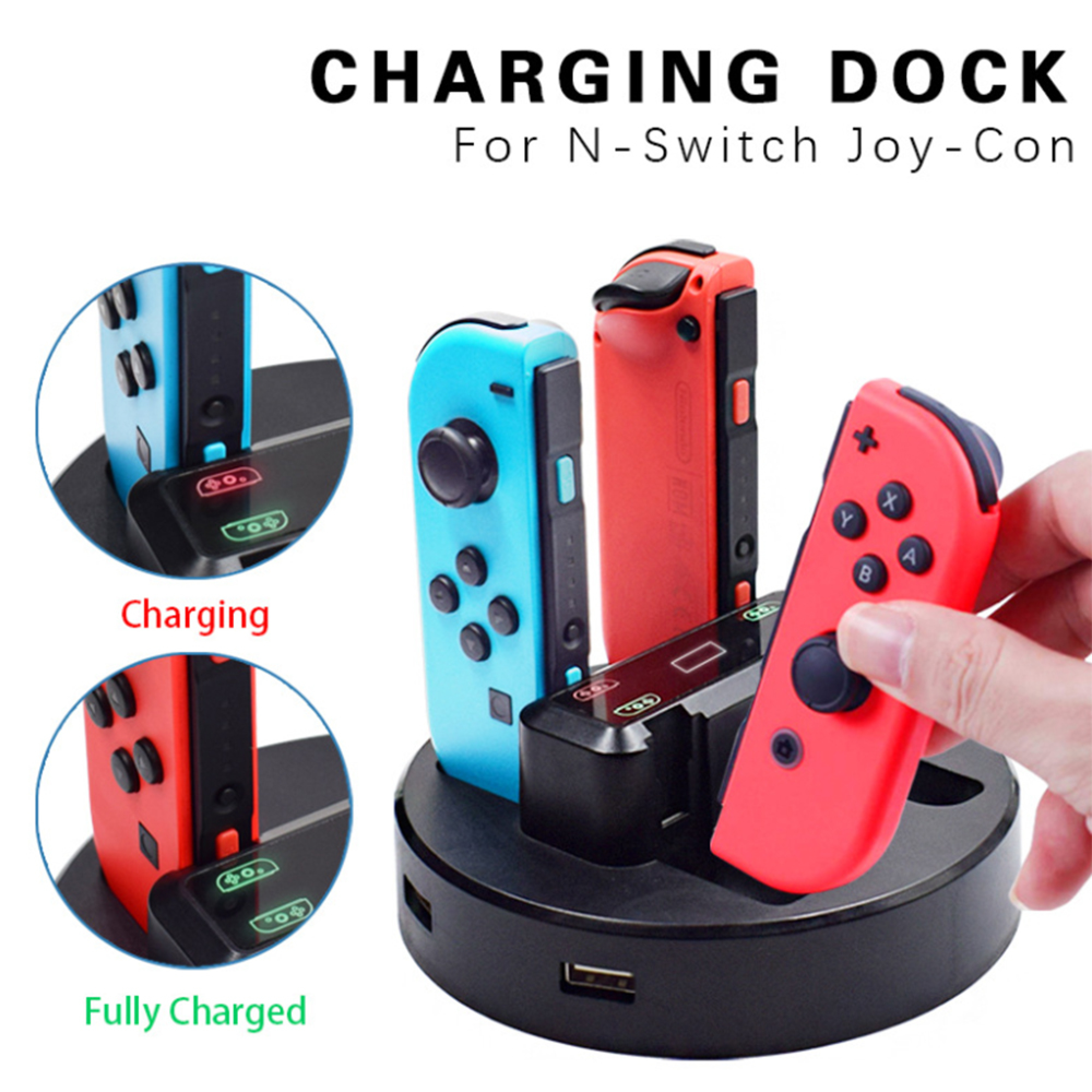 Schwarze Ladestation für Nintendo Switch Joy-Con Controller mit blauen und roten Einheiten.