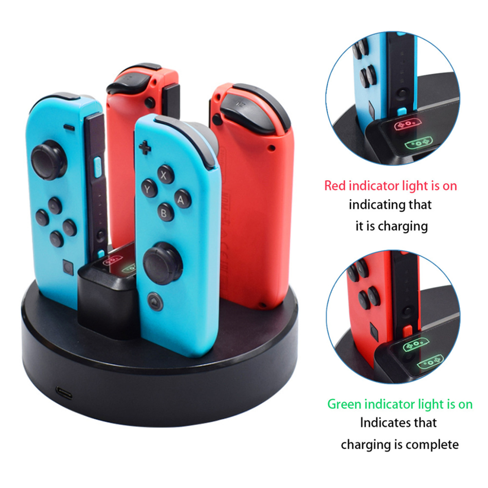 Eine runde Ladestation für vier Controller mit roten und blauen Joy-Cons und LED-Statusanzeigen.