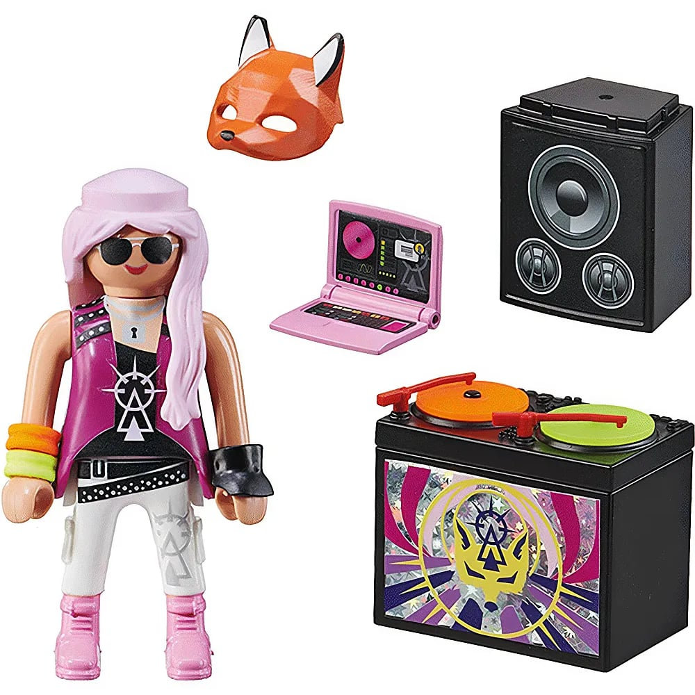 DJ Spielset mit Figur, pinkem Laptop, Lautsprecher, DJ-Pult und Fuchskostüm-Maske.