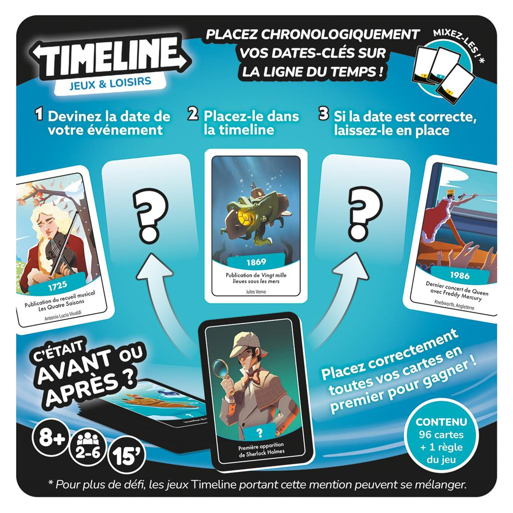 Spielanleitung für das Kartenspiel Timeline mit drei Schritten und Kartonbeispielen vor blauem Hintergrund.
