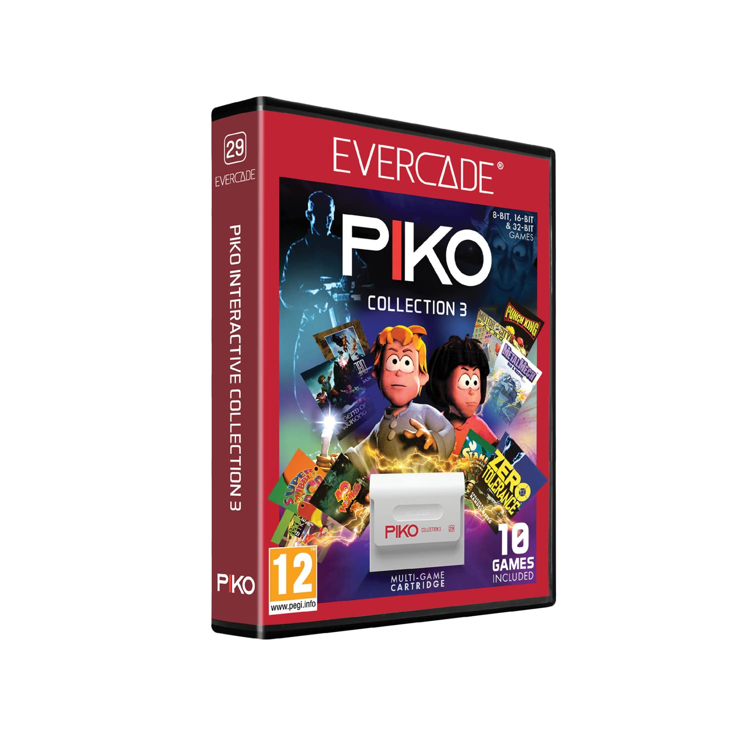 Opakowanie gry wideo Evercade Piko Collection 3 z postaciami i 10 grami na czerwonym tle.