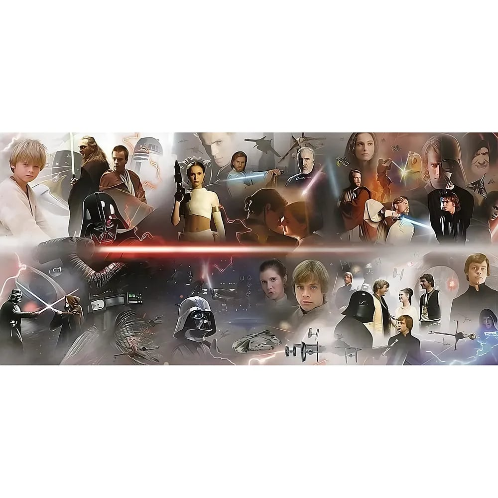 Eine Star Wars-Collage mit Charakteren wie Darth Vader, Luke Skywalker und Leia, getrennt durch ein rotes Laserschwert.
