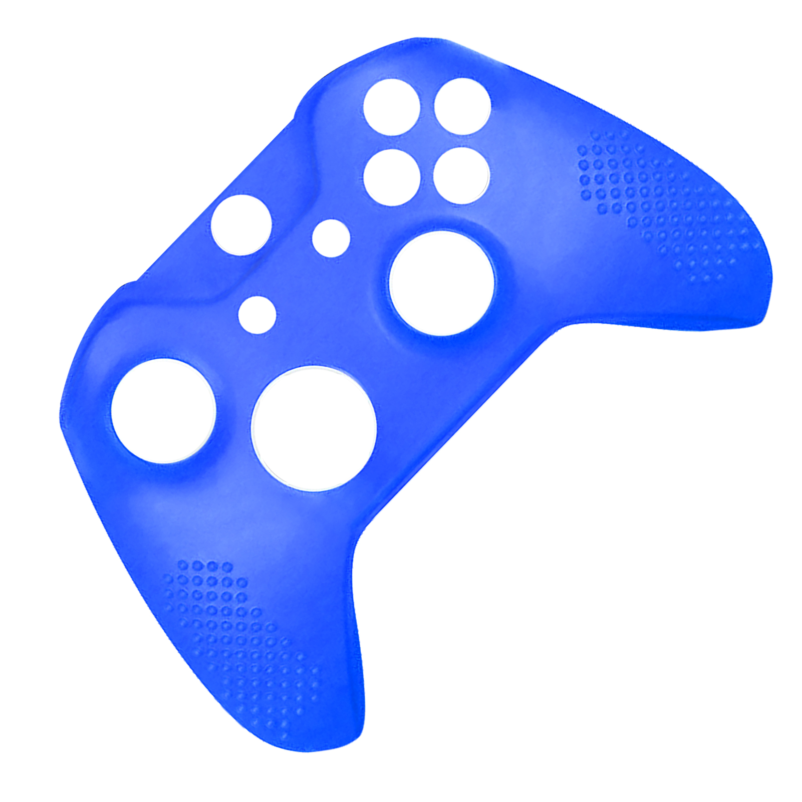 Eine blaue Silikonhülle für einen Videospiel-Controller mit perforierten Griffen auf weißem Hintergrund.