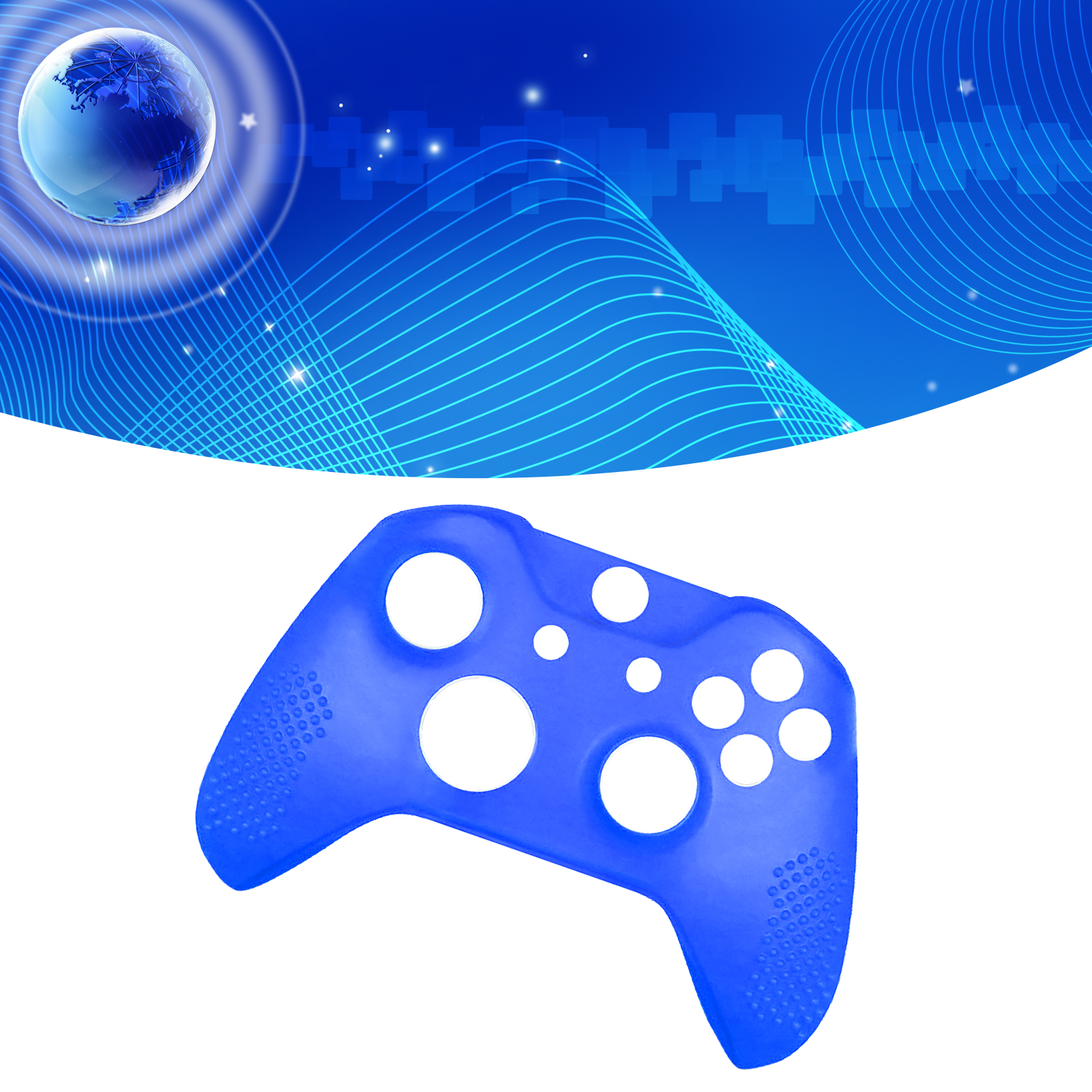 Eine blaue Gaming-Controller-Hülle auf weißem Hintergrund mit einer digitalen blauen Grafik oben.