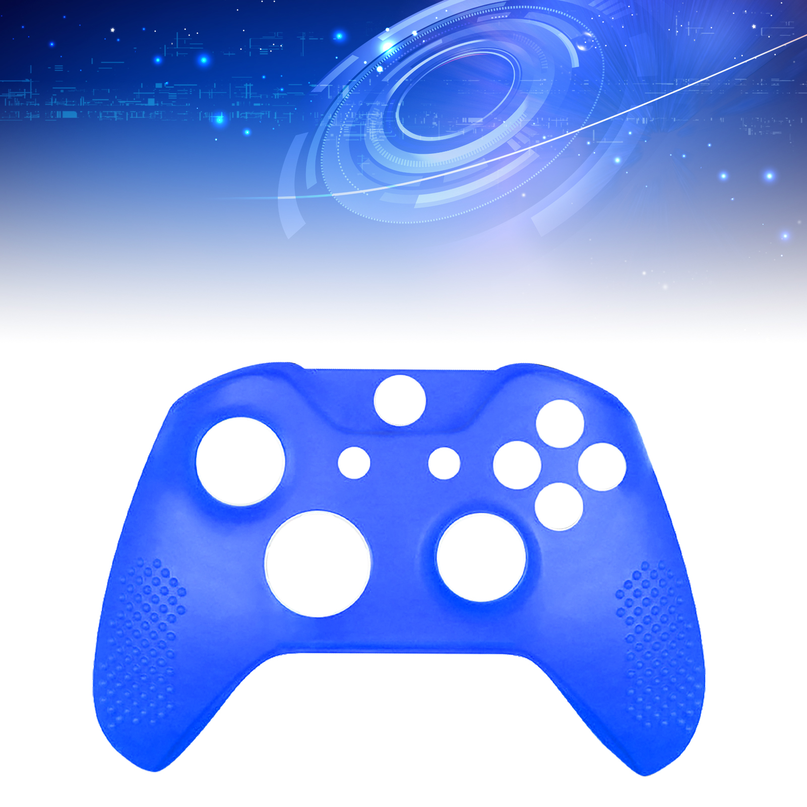 Ein blauer Silikon-Controller-Schutz vor einem blauen, futuristischen Hintergrund.