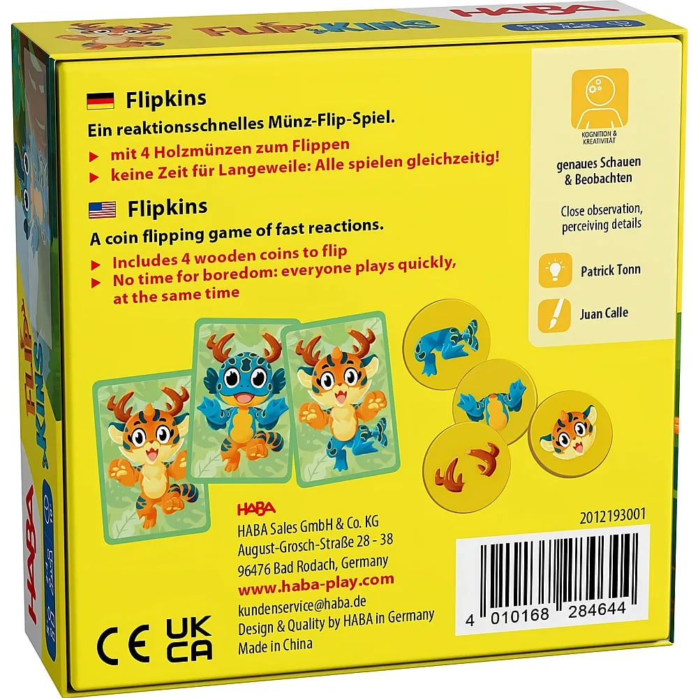 Rückseite einer gelben Flipkins-Brettspielverpackung mit Spielregeln und Grafiken von Holzmuenzen.