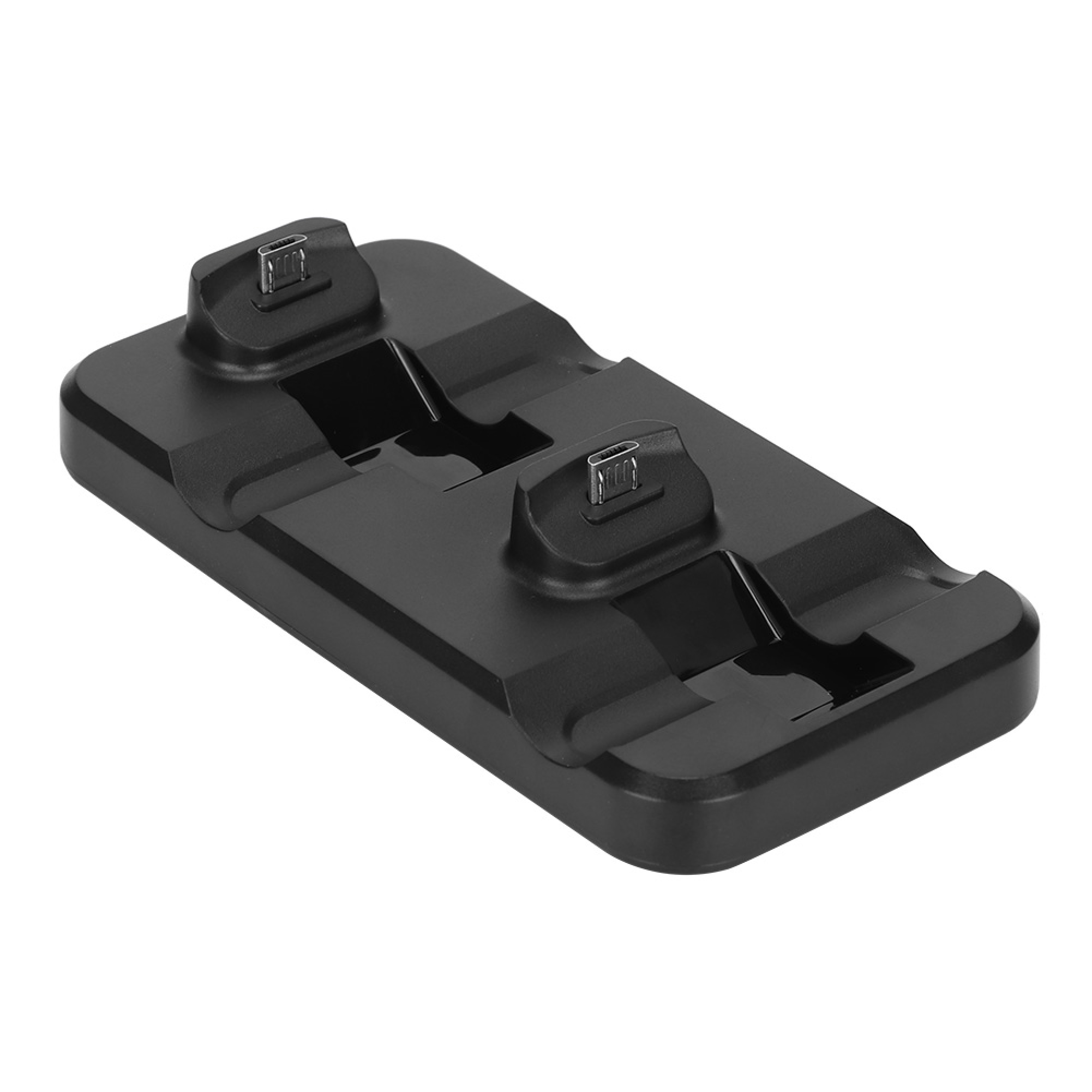 Eine schwarze, doppelte Ladestation mit zwei Micro-USB-Anschlüssen vor einem weißen Hintergrund.