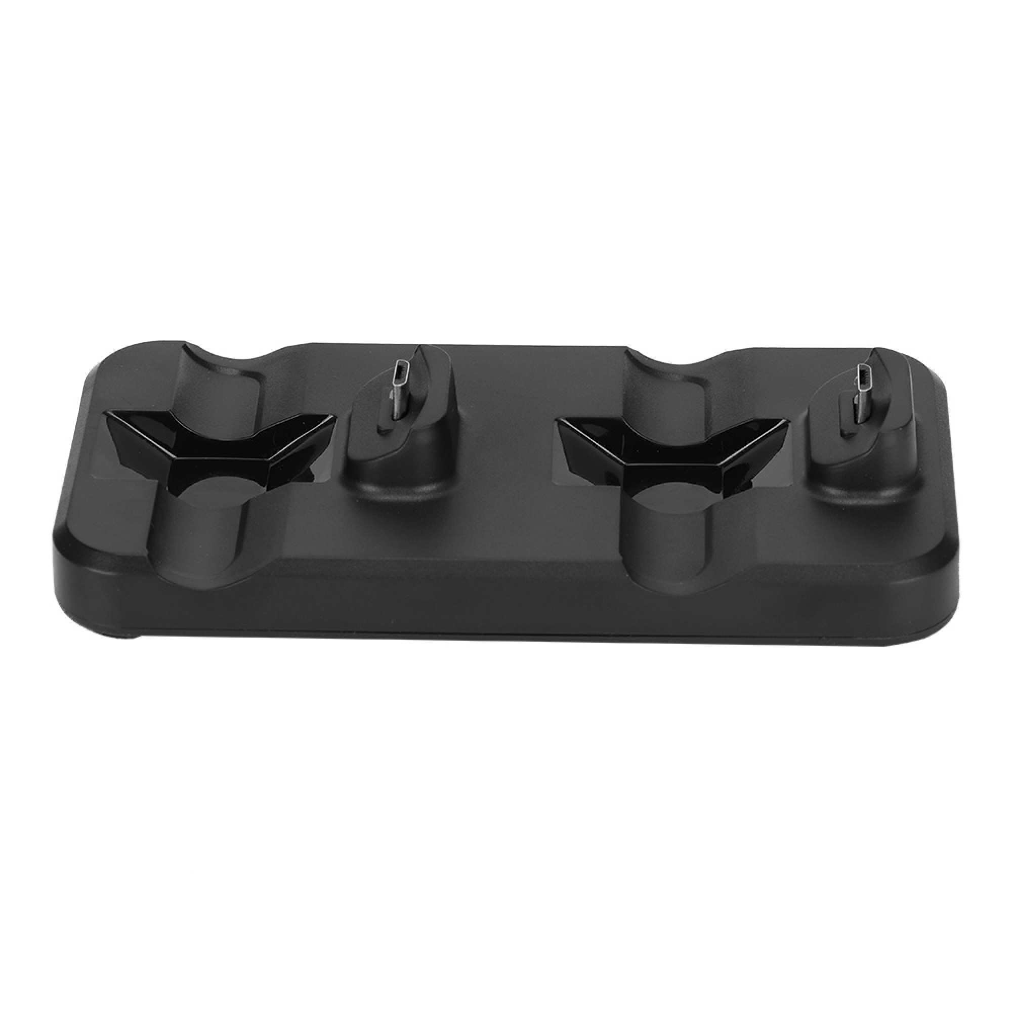 Eine schwarze, rechteckige Ladestation mit zwei Slots und USB-Anschlüssen vor einem weißen Hintergrund.