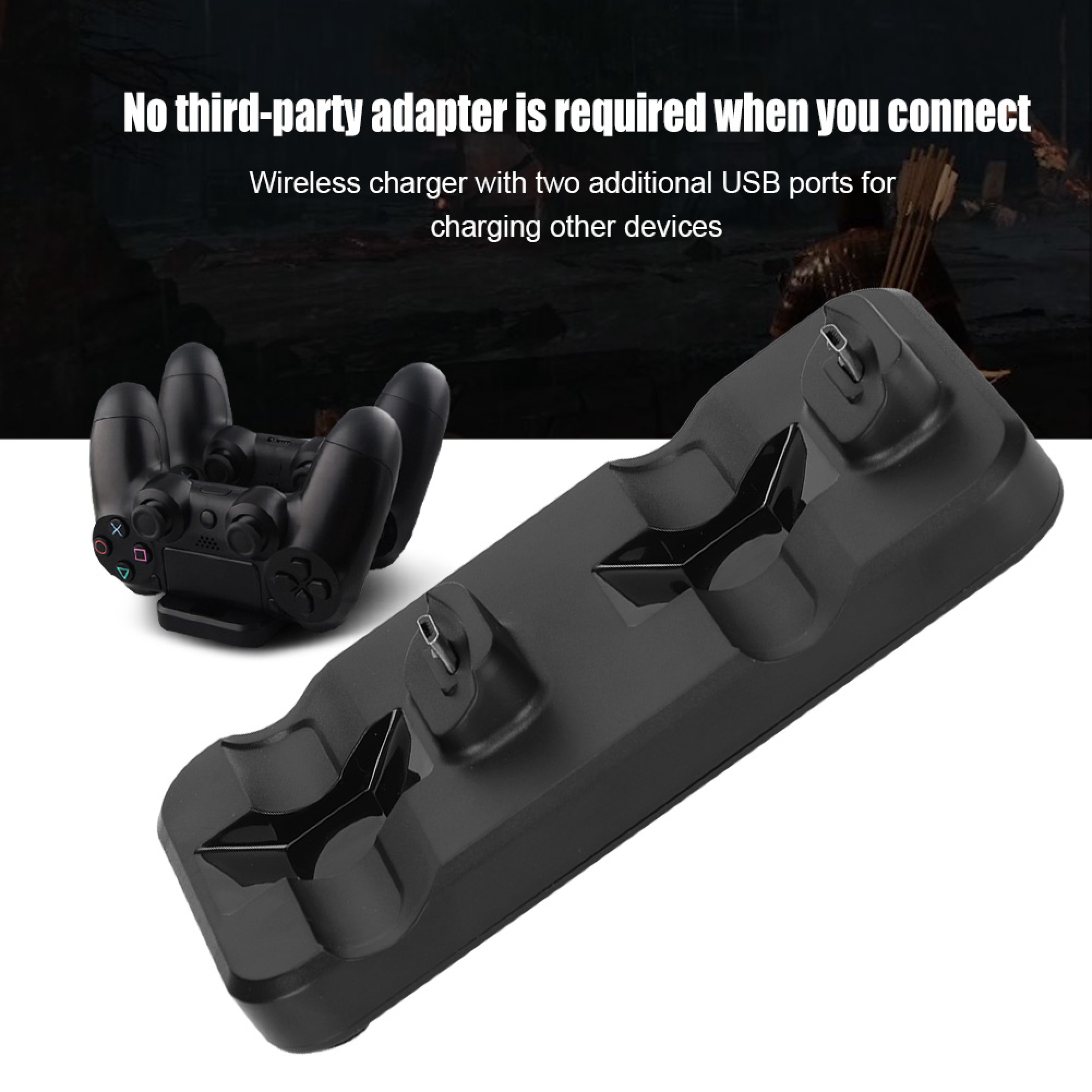 Ein schwarzer Dual-Controller-Ladeständer mit zwei USB-Anschlüssen vor einem dunklen Hintergrund.