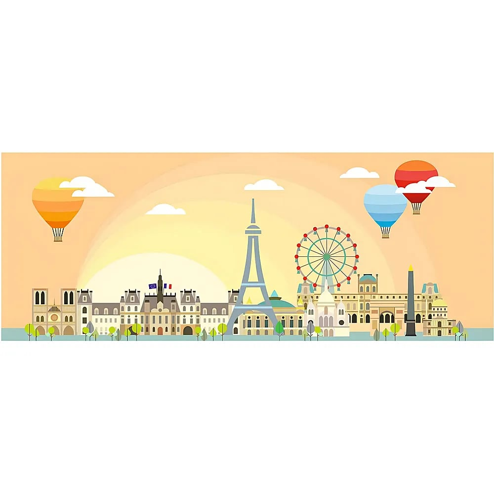 Flache Vektorillustration der Pariser Skyline mit Eiffelturm, berühmten Gebäuden und Heißluftballons am Himmel.