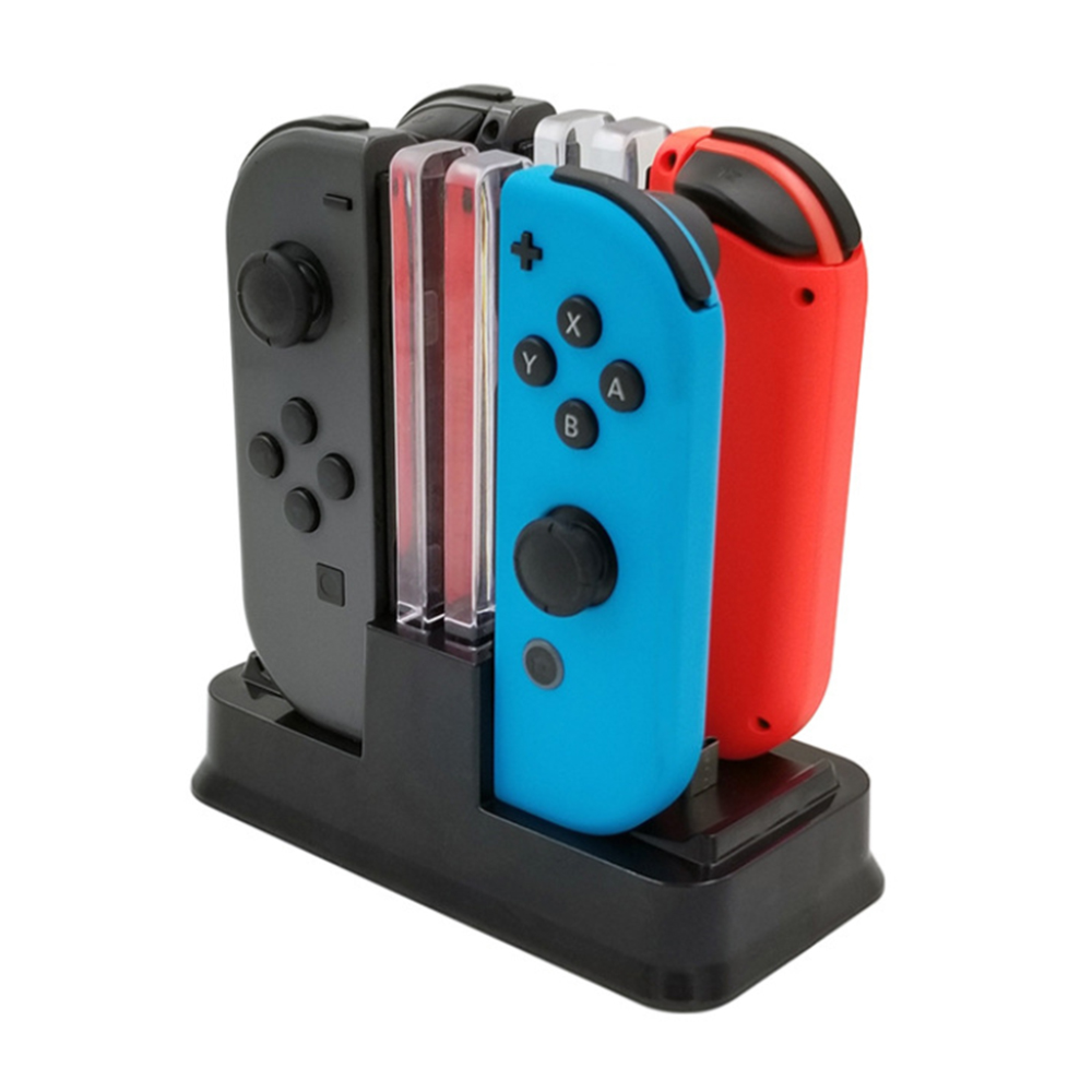 Ein schwarzer Ladeständer für Nintendo Switch Joy-Con-Controller in Grau, Blau und Rot.