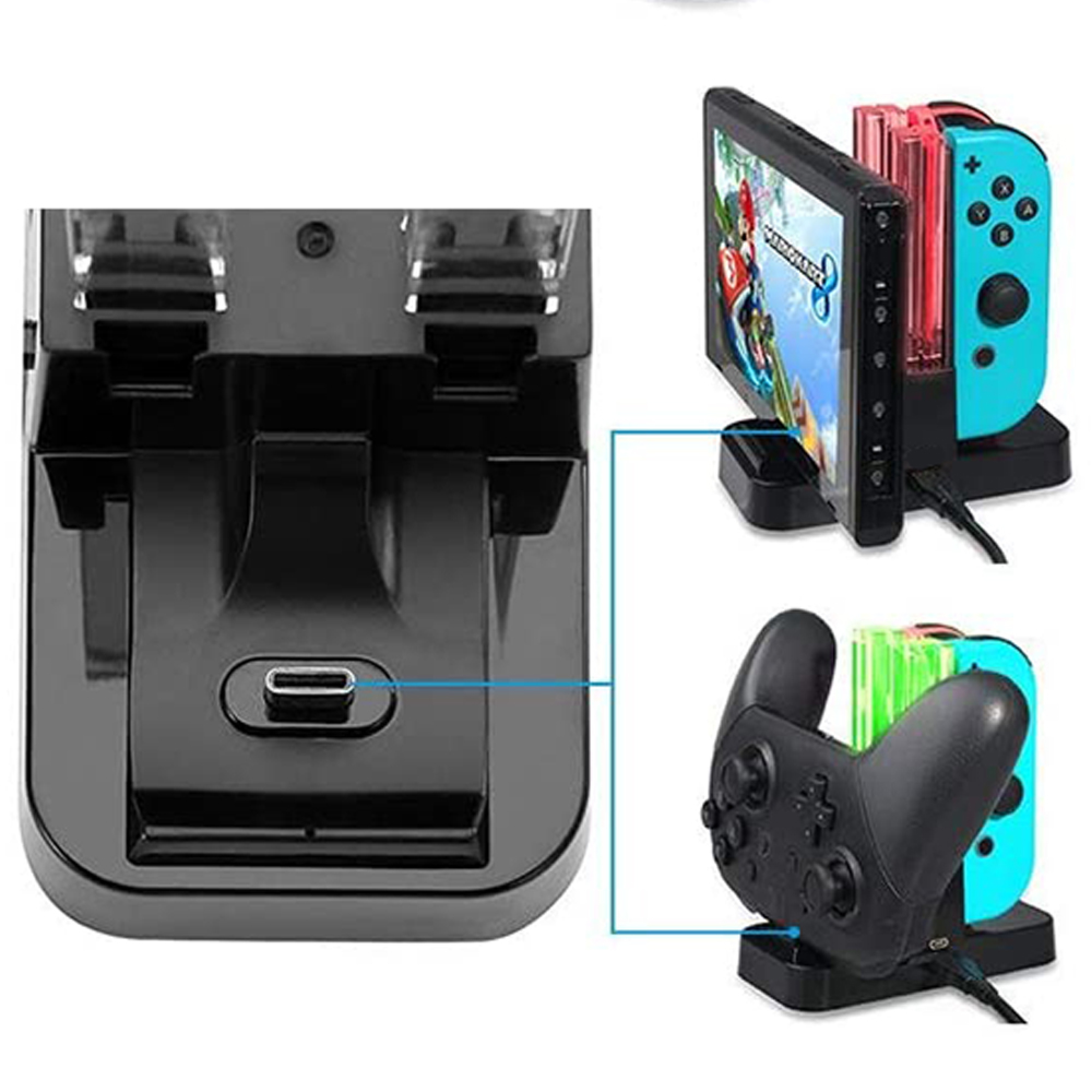 Schwarze Nintendo Switch Ladestation mit USB-C-Anschluss für Konsole und Controller.