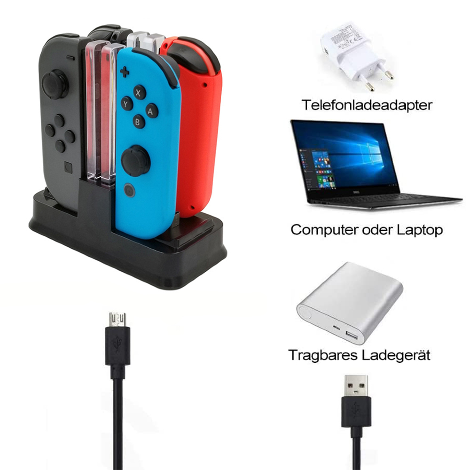 Nintendo Switch Joy-Con Ladestation, daneben Laptop, Powerbank, Kabel und Stecker mit deutscher Beschriftung.