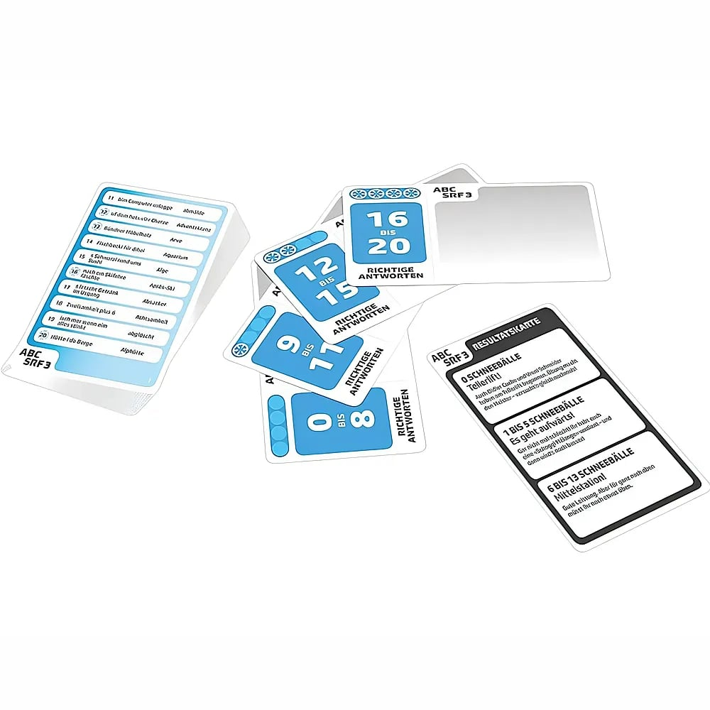 Diverses cartes de jeu blanches et bleues avec des chiffres et du texte sur fond blanc.