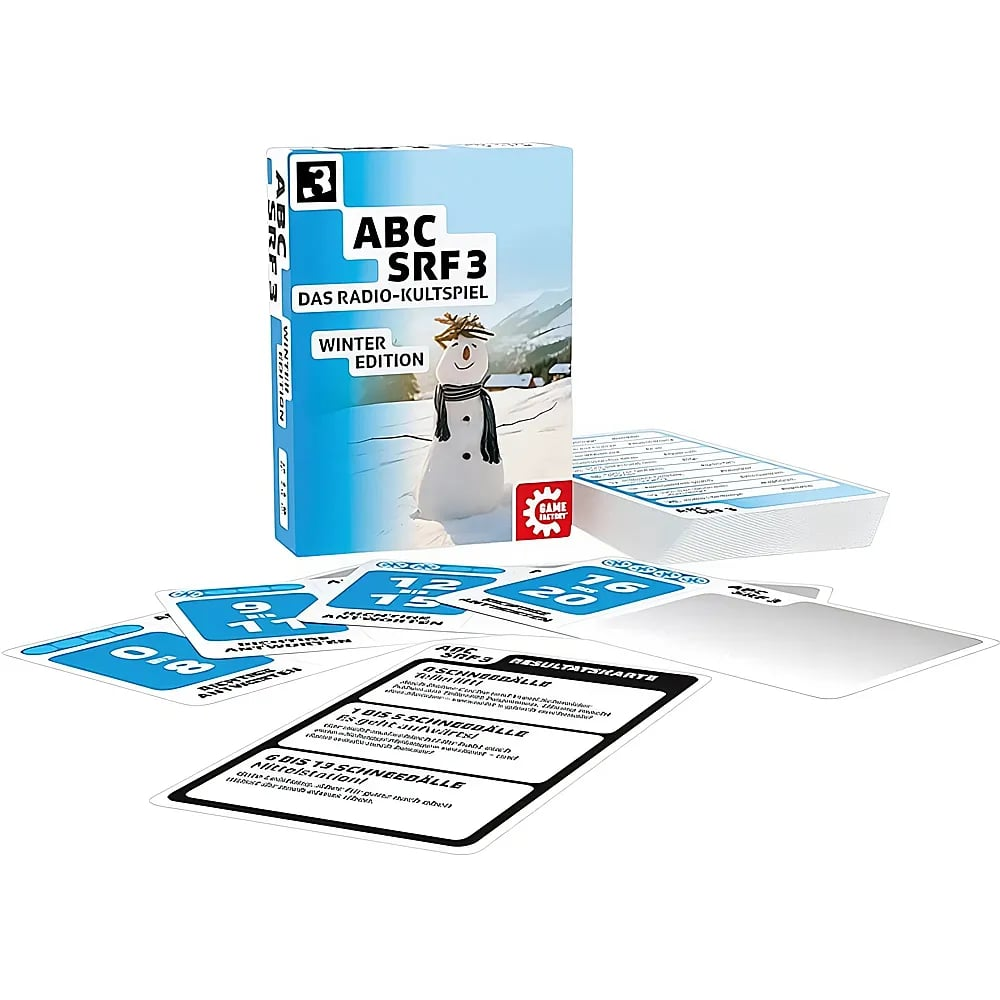 Boîte de jeu ABC SRF3 Winter Edition au design bleu avec cartes éparpillées sur fond blanc.