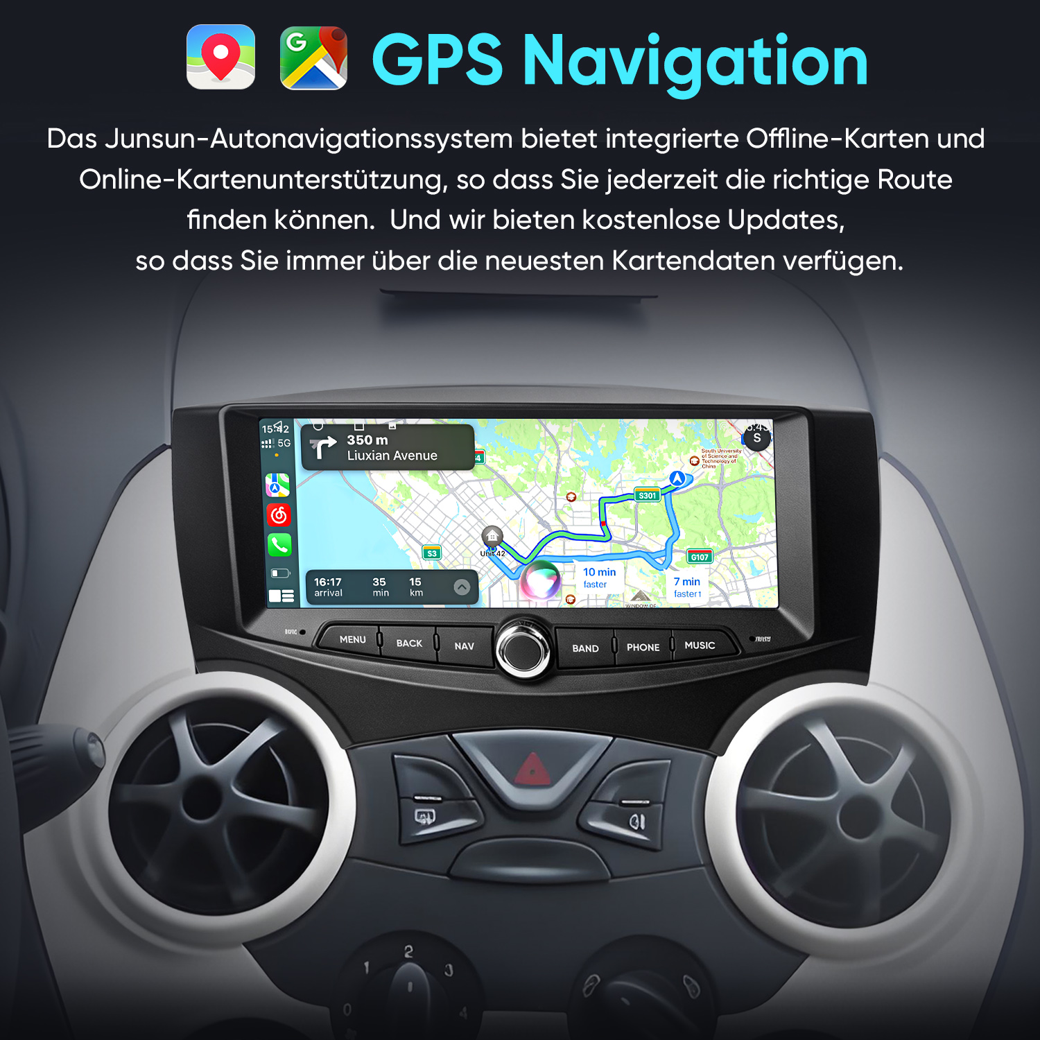 Ein GPS-Navigationssystem in einem Auto zeigt eine digitale Straßenkarte mit einer Routenführung auf dem Bildschirm.