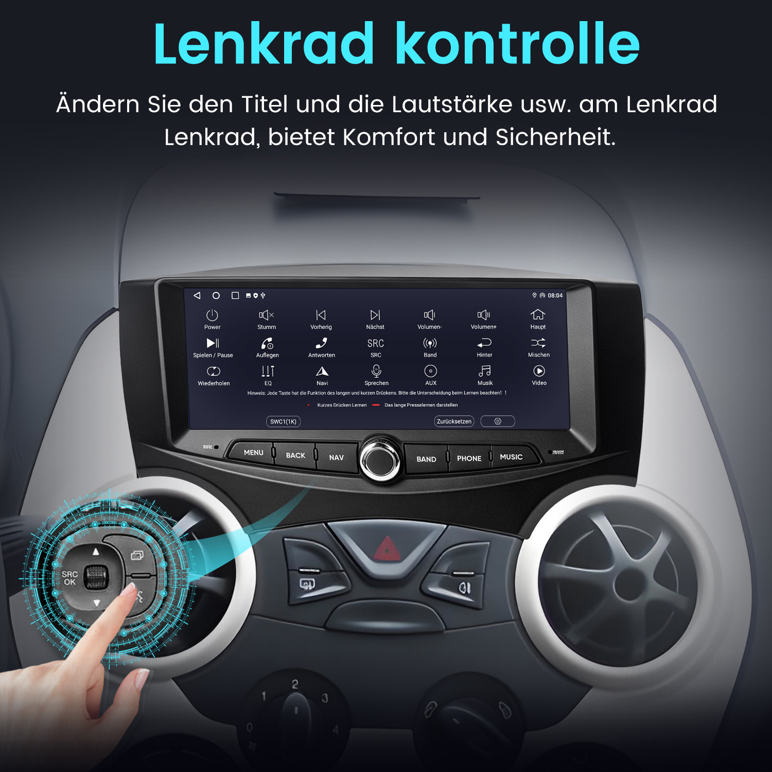Hand berührt Lenkradsteuerung neben Infotainment-Bildschirm im Auto.
