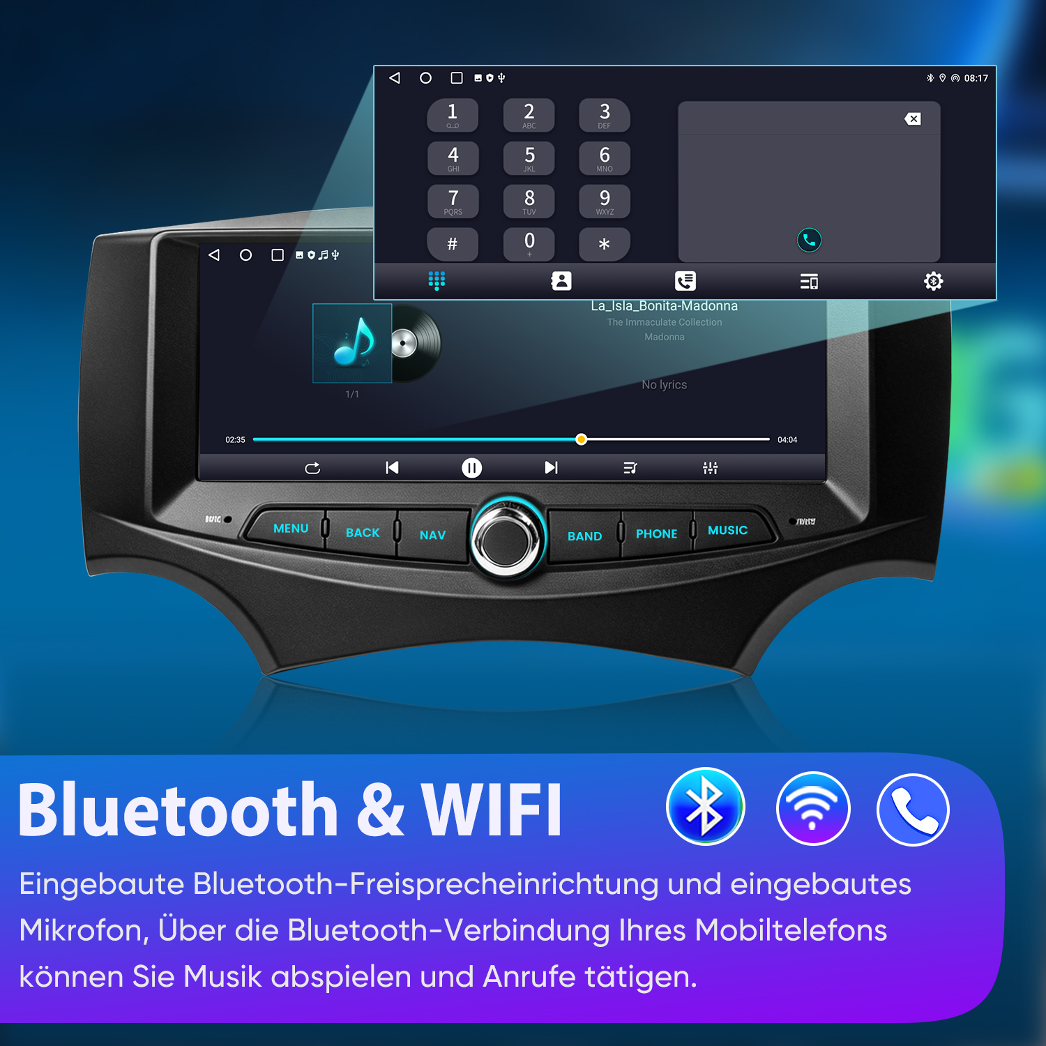 Autoradio mit Touchscreen, Bluetooth- und WLAN-Symbolen und deutscher Beschreibung für Freisprechfunktion.
