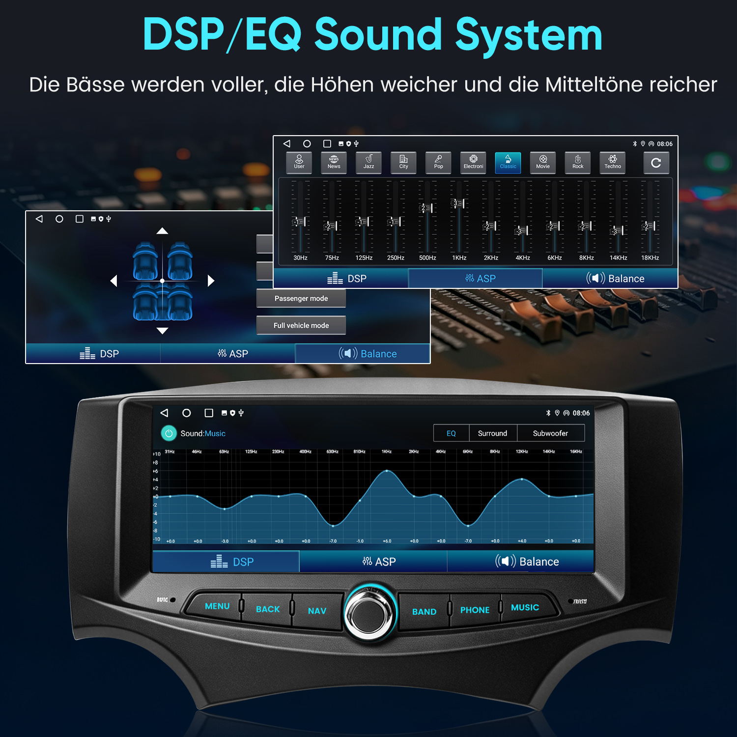 Ein Car-Audio-System zeigt DSP- und EQ-Einstellungen auf dem Touchscreen.