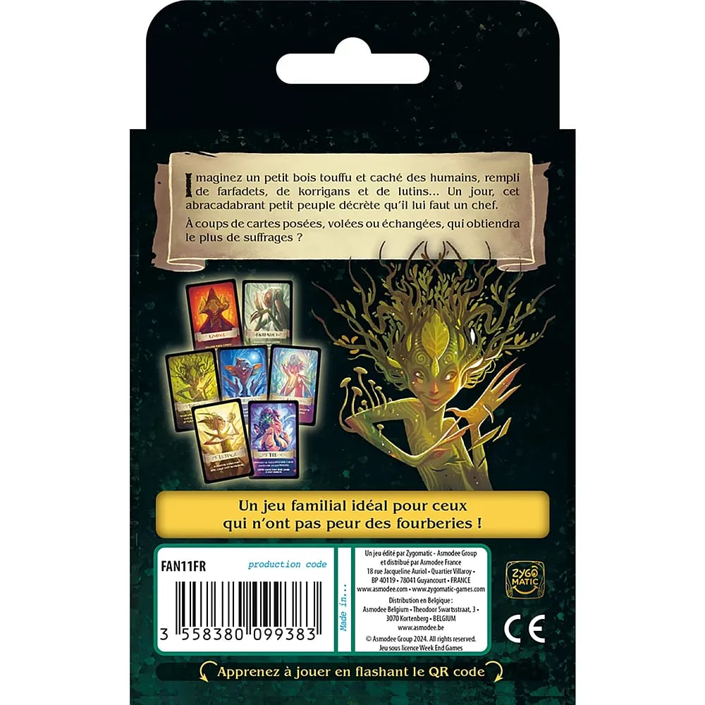 Spielkartenrückseite mit französischem Text, Fantasiewesen, verstreuten Spielkarten, Barcode und Herstellerinfos.