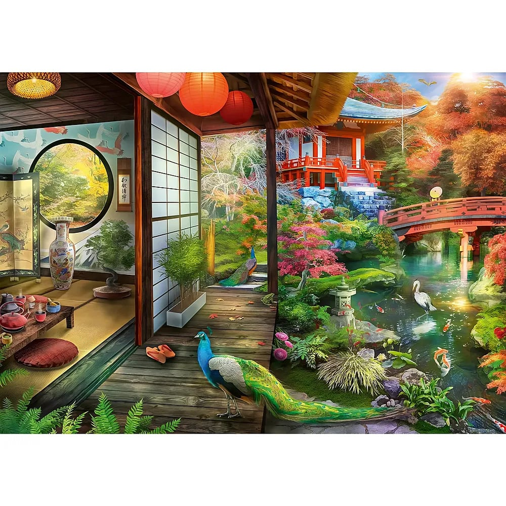 Interior tradicional japonés con vistas a un jardín con pavos reales, un puente rojo y peces koi.