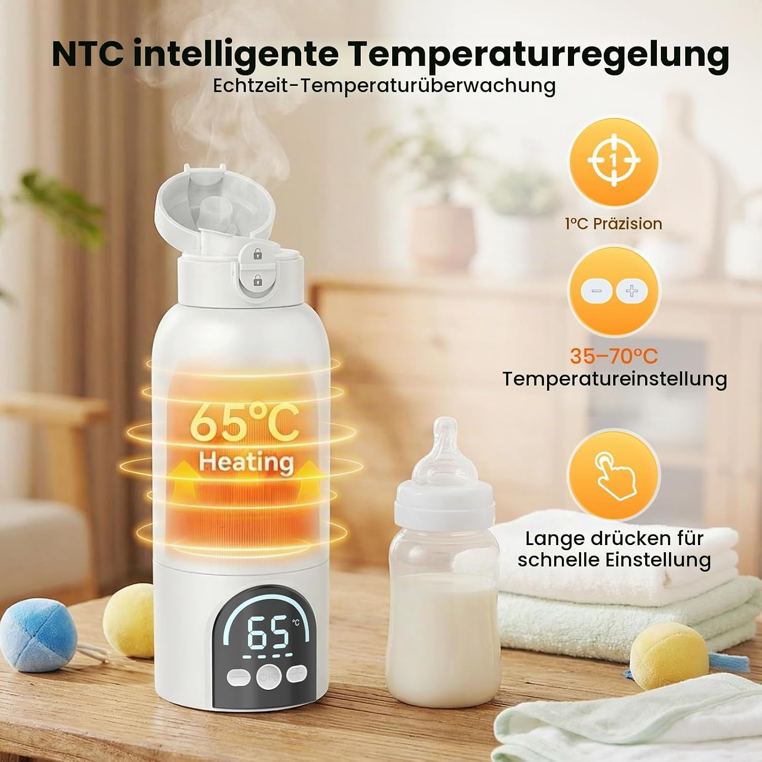 Eine weiße Thermosflasche mit LED-Display erhitzt Wasser, daneben steht eine Babynlasche auf einem Holztisch.