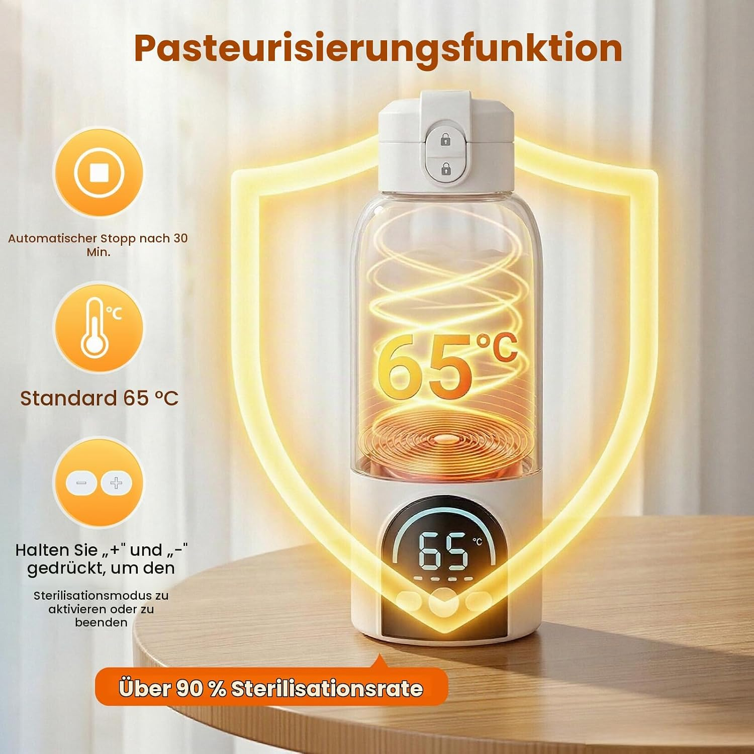 Pasteurisierungsfunktion einer weißen Flasche mit 65°C Anzeige, Schutzschild und Bedienungsanleitung.