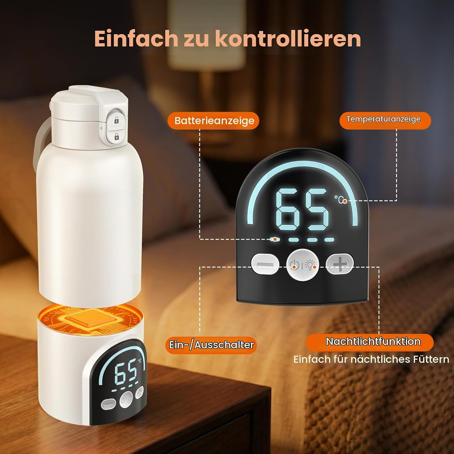 Weiße Thermoskanne mit digitaler Temperaturanzeige auf einem Nachttisch.