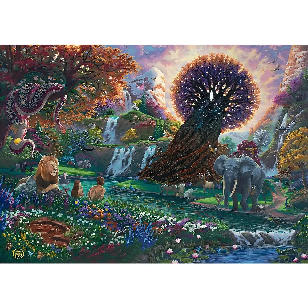 Eine üppige Fantasielandschaft mit großem leuchtenden Baum, Wasserfällen, Elefant, Löwe, Schlange und Menschen am Fluss.
