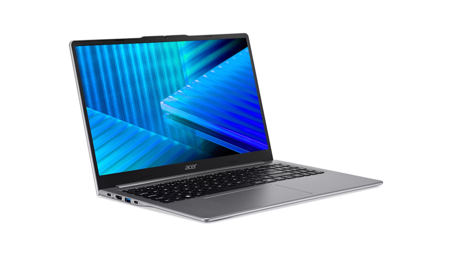 Un computer portatile Acer argentato inclinato su sfondo bianco con schermo blu astratto.