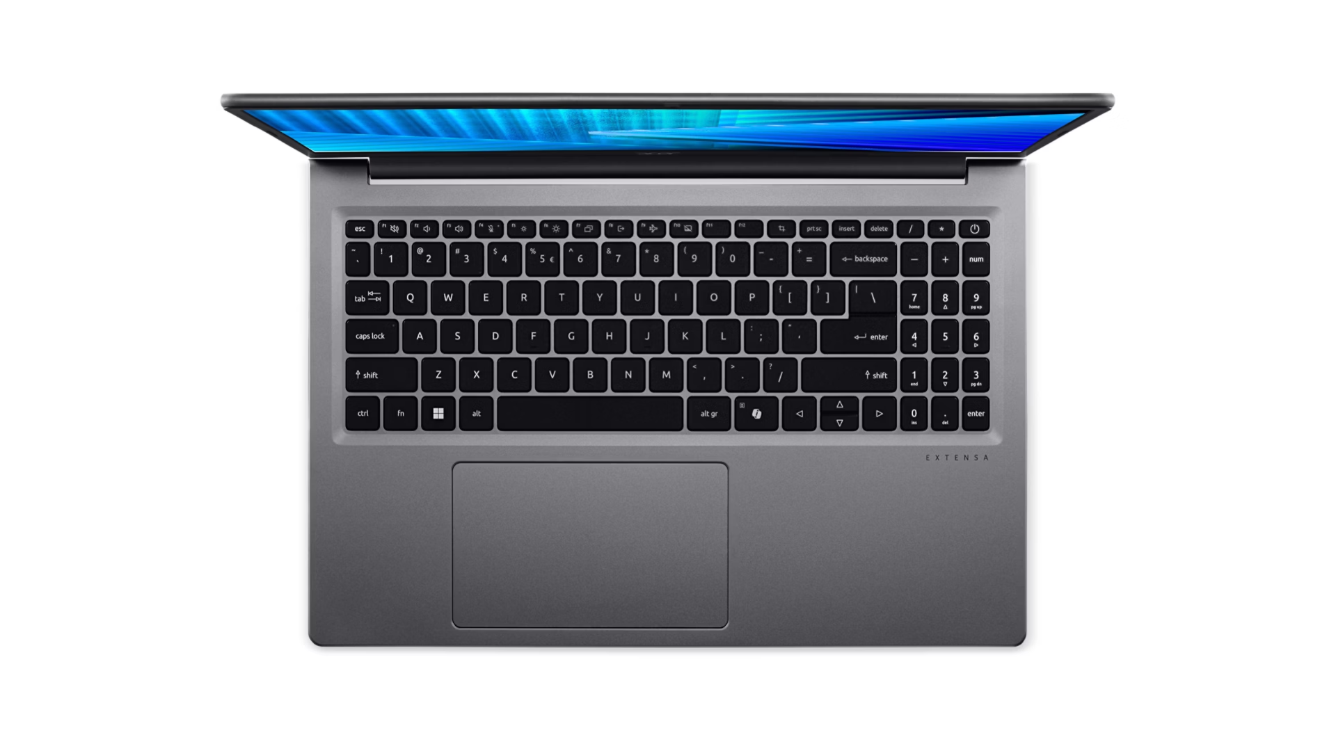 Laptop grigio con tastiera nera e schermo blu visto dall'alto.