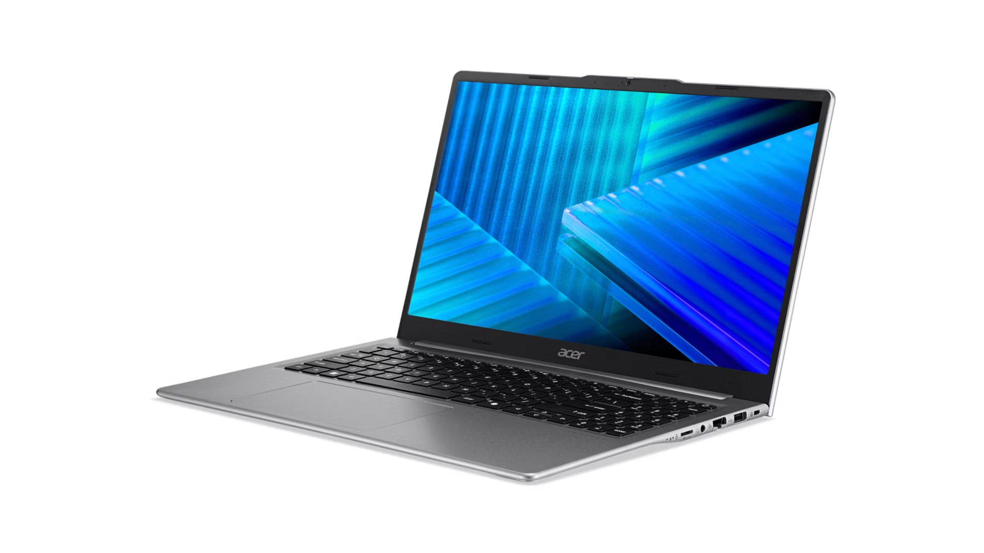 Un laptop Acer argento con lo schermo acceso e grafica astratta blu, su sfondo bianco.