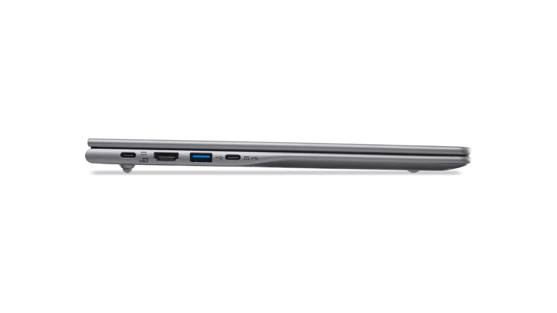 Vista laterale di un laptop grigio chiuso che mostra varie porte tra cui USB-C e HDMI.