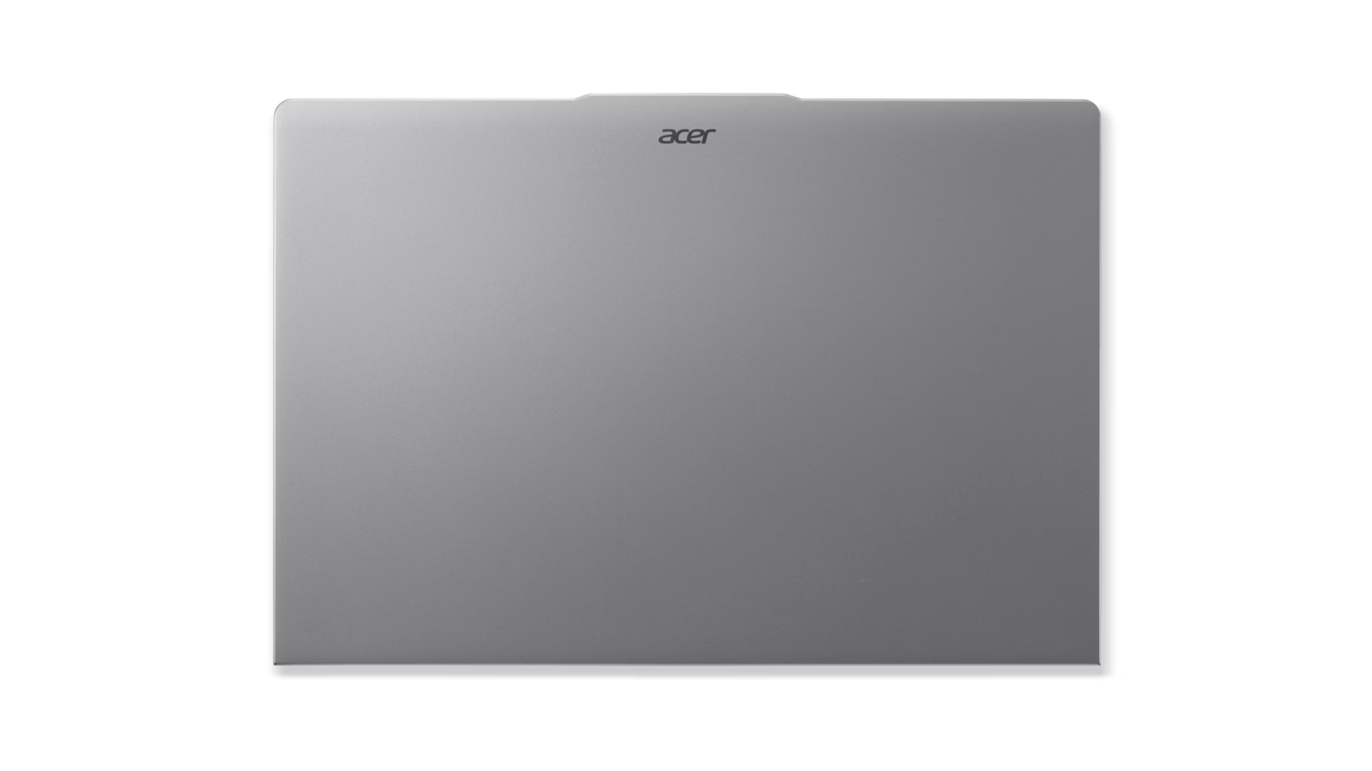 Laptop Acer grigio chiuso visto dall'alto su sfondo bianco.