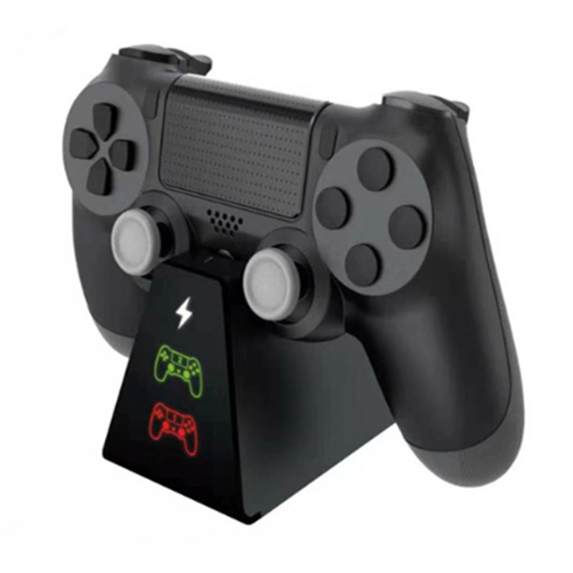 Ein schwarzer Gamepad sitzt auf einer schwarzen Ladestation mit grünem und rotem Ladeindikator.