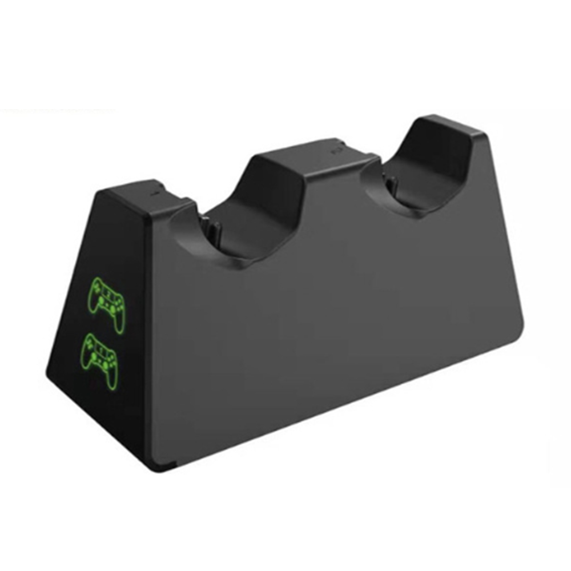 Schwarze Controller-Ladestation mit zwei Ladeschlitzen und grünen Status-LEDs auf der linken Seite vor weißem Hintergrund.