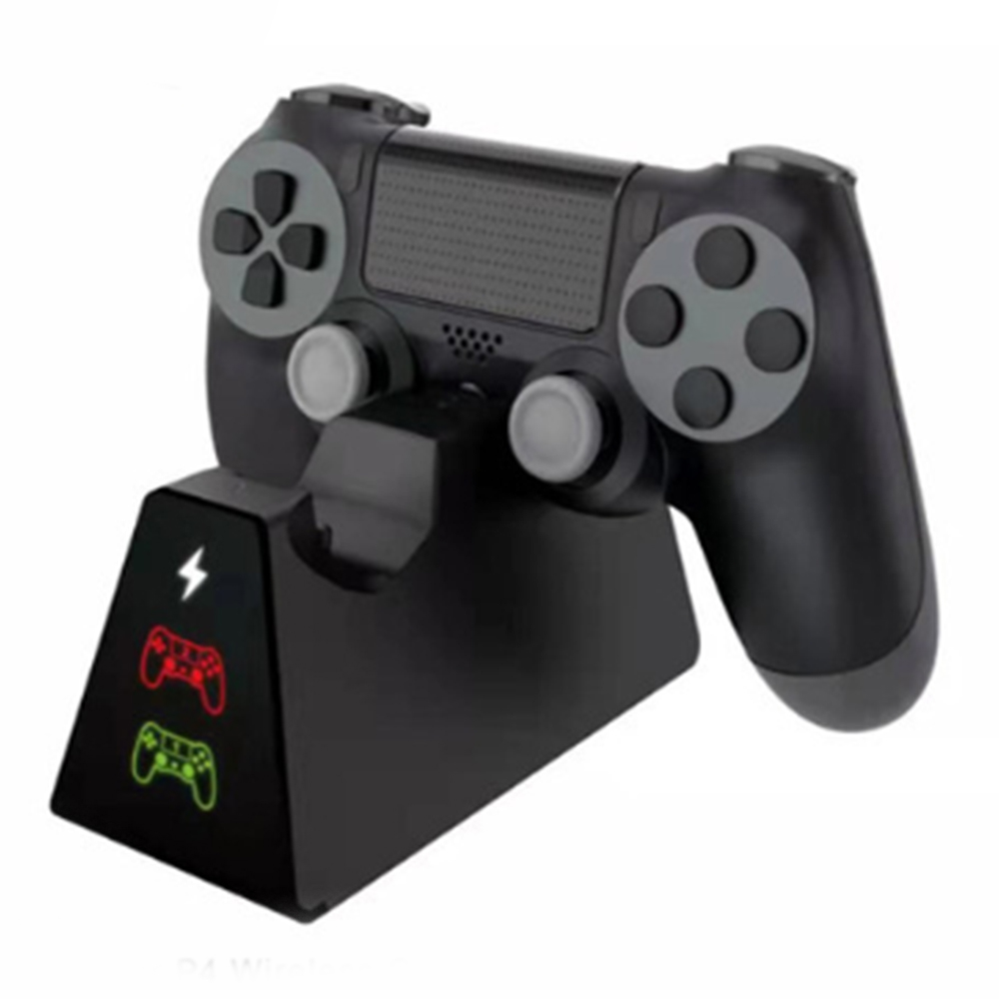 Ein schwarzer Gamecontroller auf einer schwarzen Ladestation mit roten und grünen Kontrollleuchten.