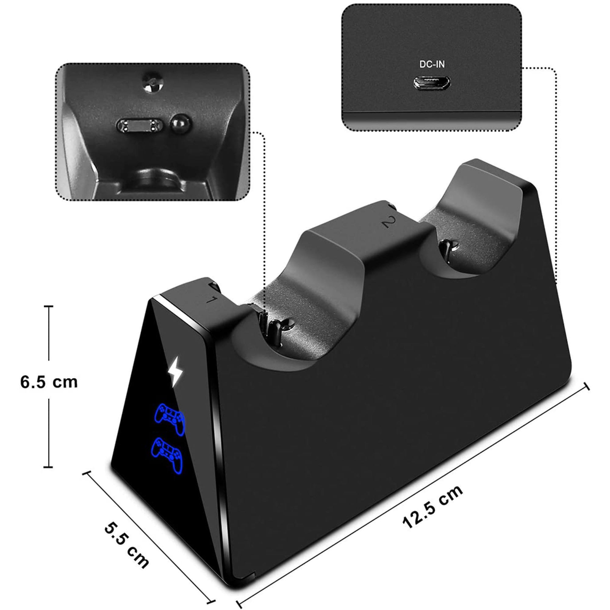 Schwarze Controller-Ladestation mit Maßen von 12,5 x 5,5 x 6,5 cm und DC-In-Anschluss.