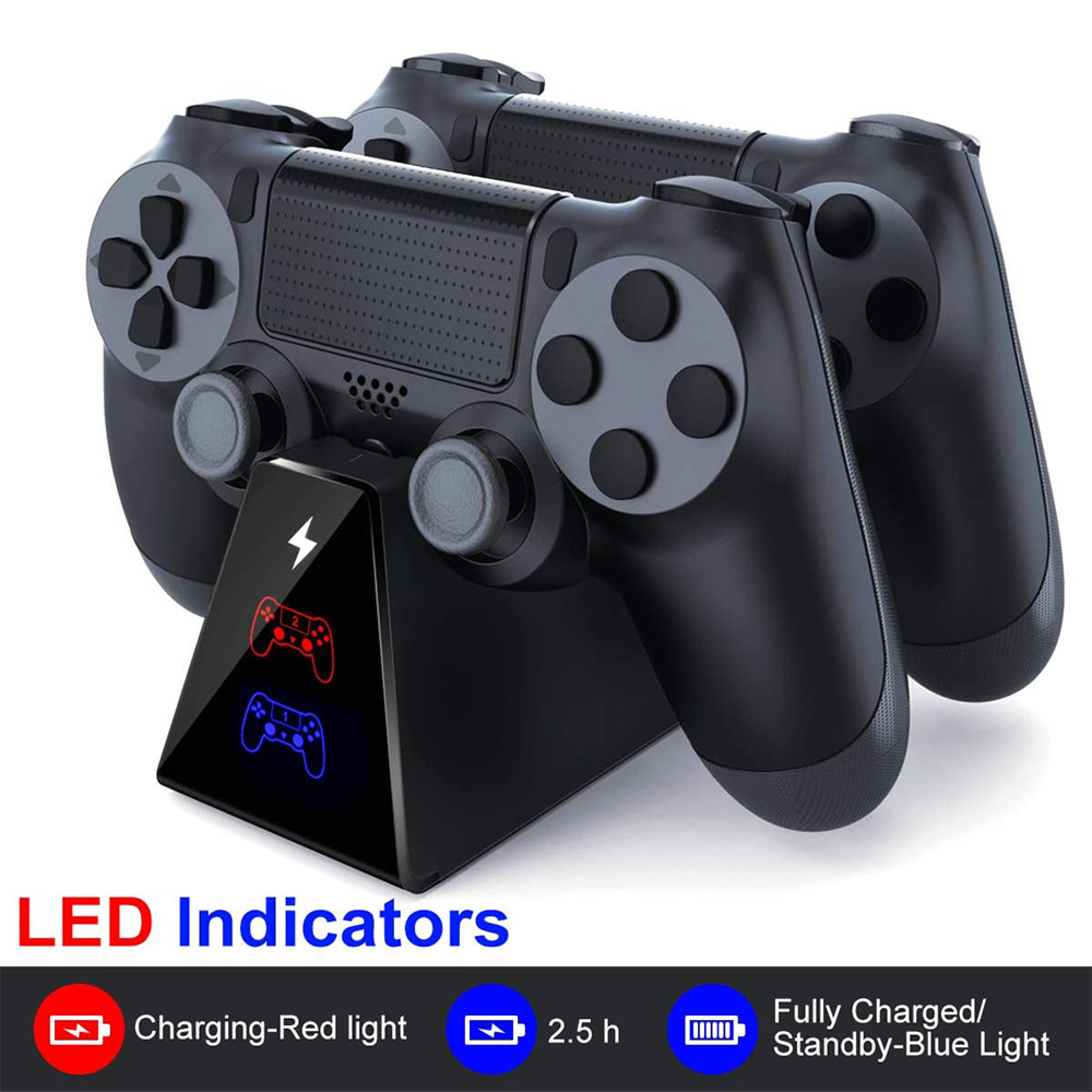 Zwei schwarze Controller in einer LED-Ladestation mit roten und blauen Leuchten für den Ladestatus.