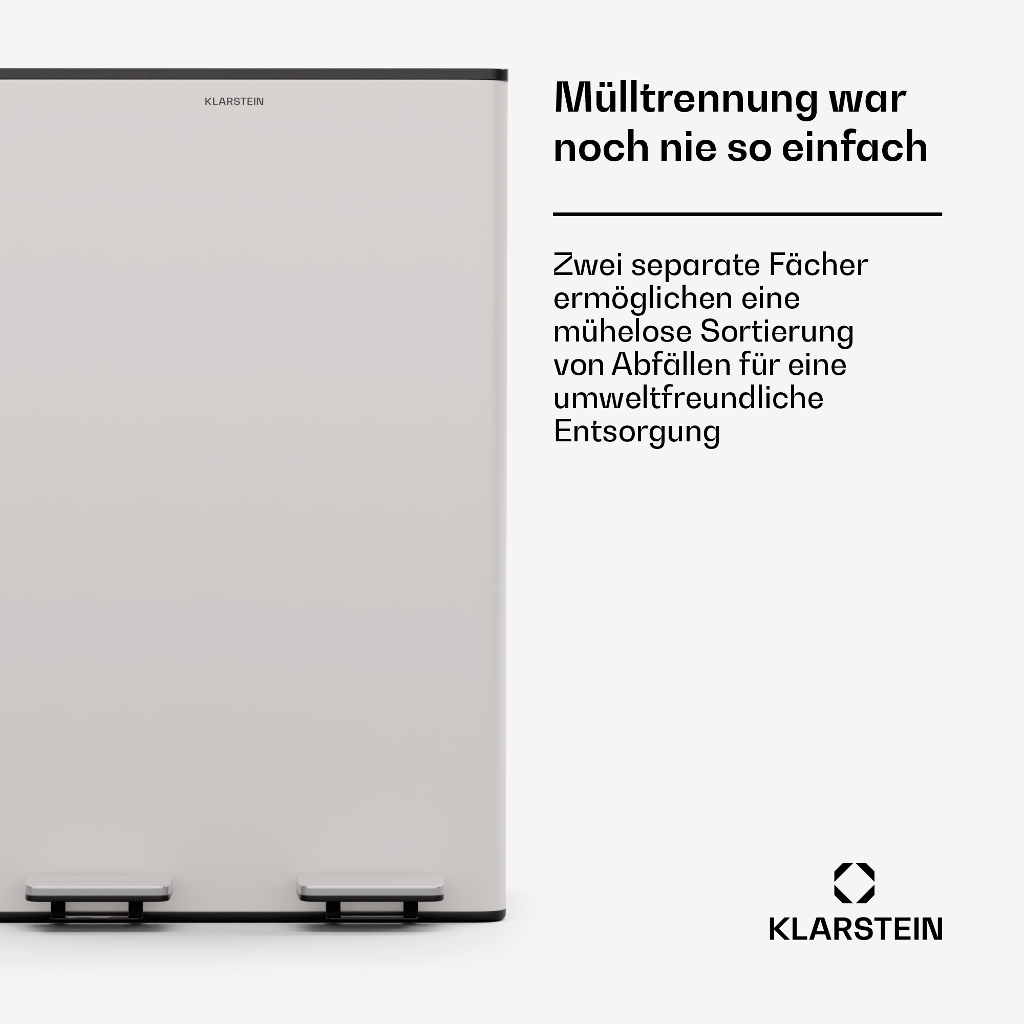 Ein silberner Mülleimer von Klarstein mit zwei Fußpedalen und deutschem Werbetext rechts.