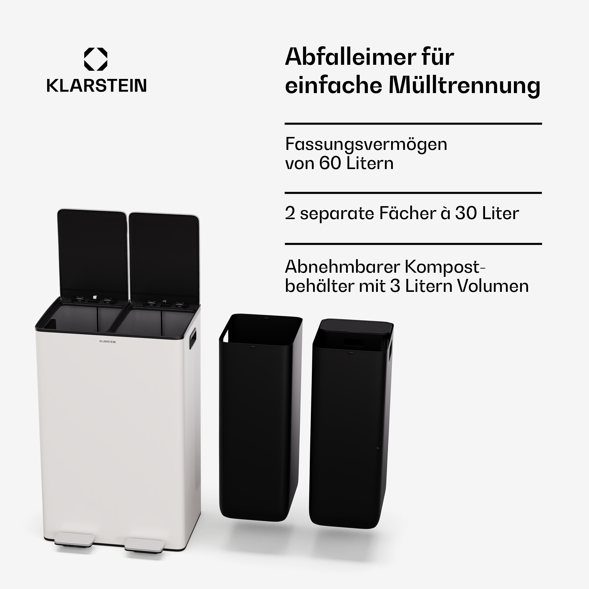 Klarstein 60L Mülleimer in Weiß mit zwei offenen schwarzen Deckeln und zwei getrennten Inneneimern.