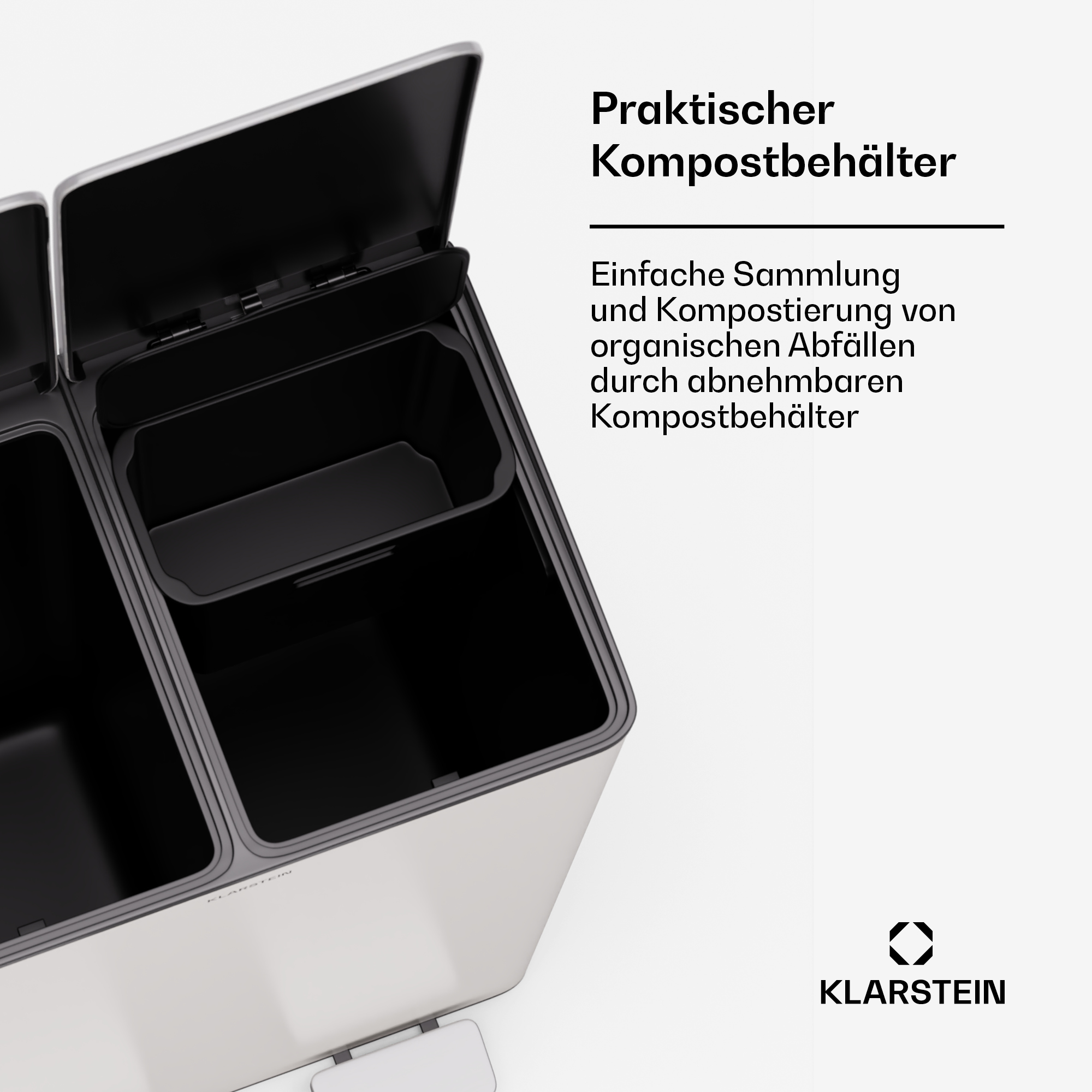 Ein offener silberner Mülleimer mit schwarzen Inneneimer und deutschem Text auf weißem Hintergrund.