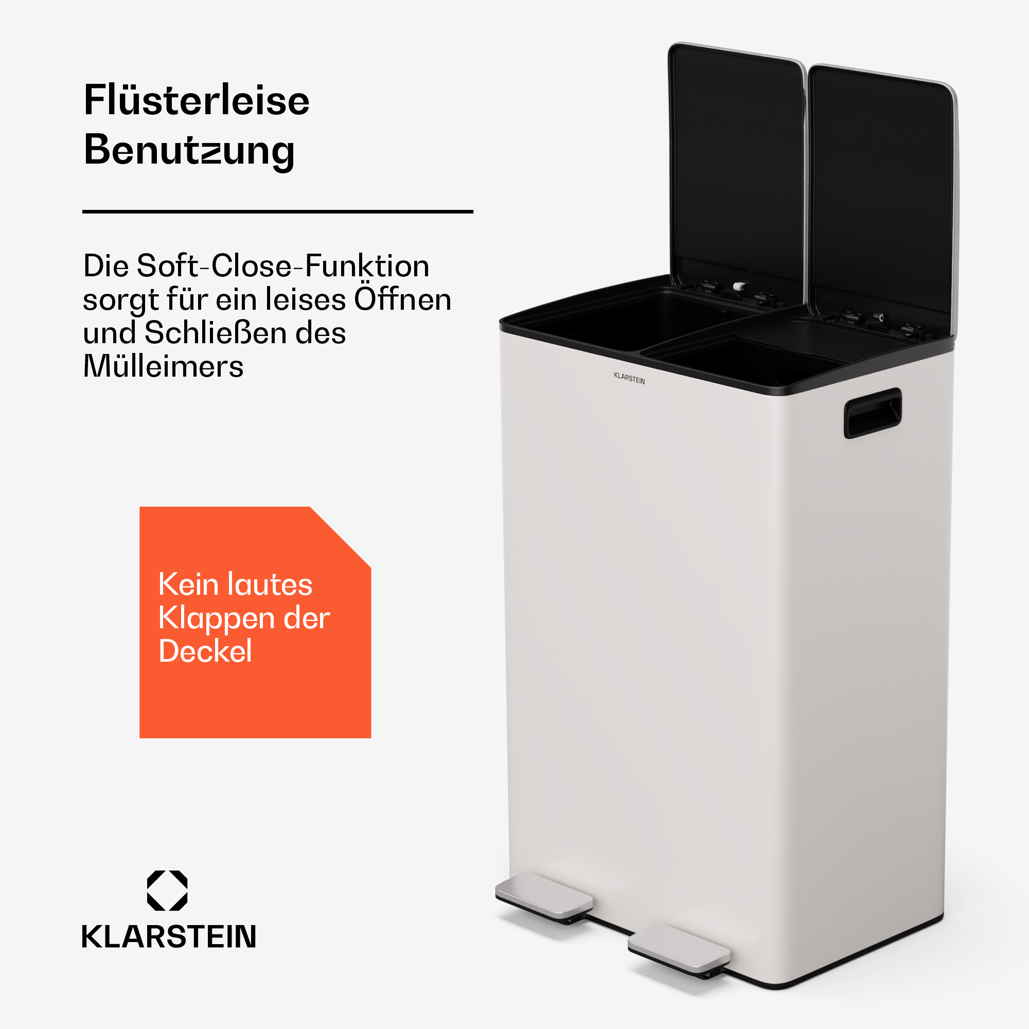 Weißer Mülleimer mit zwei Pedaldeckeln, deutschem Text und Klarstein-Logo.